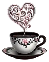 a cup of coffee with a heart shaped swirl coming out of it