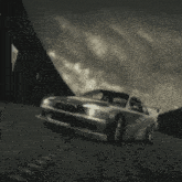 a bmw is driving down a road with its hood open
