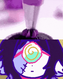 a pixel art of a person standing on a cake with a swirl around their head