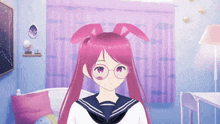 a girl with pink hair and glasses is standing in a room