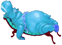 a pixel art of a purple hippopotamus laying on a blue chair