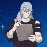 a cartoon character is holding a book and a pen .