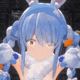 a close up of a anime character with blue hair and bunny ears