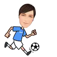 a cartoon of a man in a blue shirt running towards a soccer ball