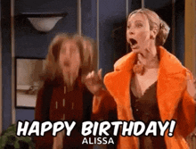 a woman in a fur coat is standing next to another woman in a room and says `` happy birthday ! ''