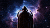 a man in a hooded cape is standing in front of a galaxy with veo written on the bottom