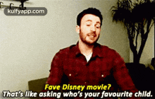 a man in a red plaid shirt is sitting on a couch and talking about a disney movie .