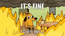 a cartoon dog is sitting at a table with a cup of coffee in front of a burning building .