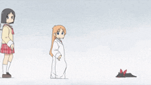 a cartoon of a girl with her hands in the air and a cat laying on the ground