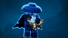 a cartoon character is holding a sword and shield in a dark blue background