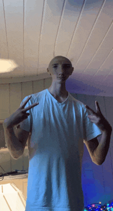 a bald man in a white shirt is making a peace sign with his hands