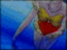 a pixel art painting of a woman in a bikini holding a red heart .