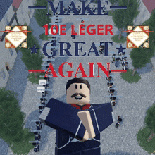 a roblox character holding a book with the words make 10e leger great again