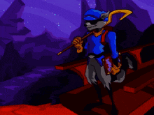 a cartoon of a raccoon holding a cane and a book