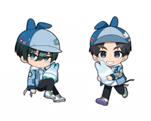 a cartoon of a boy wearing a blue hat and holding a stuffed animal