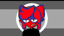 a drawing of a red and blue cat with a circle in the background