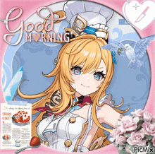 a picture of a girl with the words good morning on the top