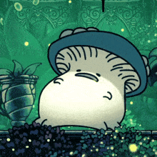 a cartoon drawing of a mushroom with a sad face and a blue hat .