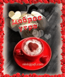a red cup of coffee with a heart in the foam is surrounded by red hearts