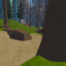 a computer generated image of a landscape with trees and a cliff