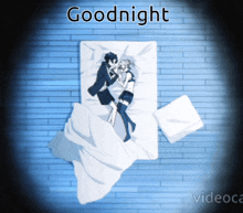 a man and a woman laying on a bed with the words goodnight below them
