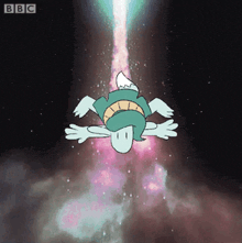 a cartoon of a turtle flying through space with the bbc logo in the corner
