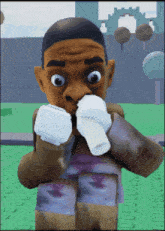 a cartoon character is wearing boxing gloves and covering his mouth with his hand