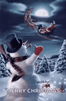 a snowman wearing a top hat and scarf is standing in front of a sleigh with santa claus in it .