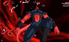 a cartoon character with a red tail is standing in a dark room surrounded by red bubbles .