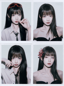 four pictures of a girl with a flower in her hair and a tie