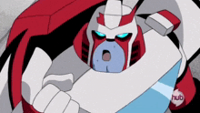 a red and white robot with blue eyes and a hub logo on the bottom right