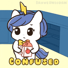 a cartoon of a unicorn holding an apple and a bottle with the words confused below it