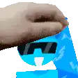 a person wearing sunglasses and a hat is holding a blue item .