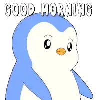 a penguin is holding a plate of pancakes with syrup and the words good morning below it