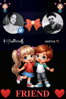 a boy and a girl are standing next to each other and the word friend is on the bottom right