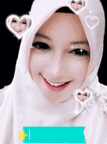 a woman wearing a white hijab is smiling with hearts surrounding her face