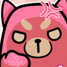 a pink teddy bear with an angry expression on his face