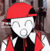 a cartoon character wearing a red hat and a red vest is making a funny face .