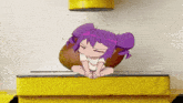 a girl with purple hair sits on a yellow box
