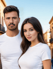 a man and a woman are posing for a picture and the woman is wearing a white shirt