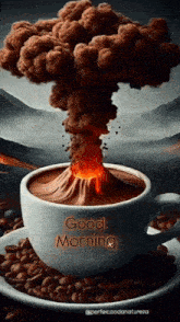 a cup of coffee with smoke coming out of it and the words good morning on it