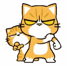 two cartoon cats are standing next to each other and one has a fist in the air