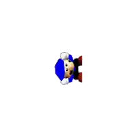 a cartoon character with a blue hat and red pants is standing on a white background