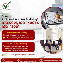 an advertisement for ims lead auditor training iso 9001 iso 14001 & iso 45001