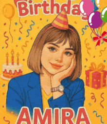 a birthday card with a woman wearing a party hat and the name amira