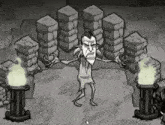 a black and white drawing of a man standing in front of columns