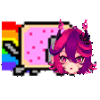 a pixel art of a girl with horns standing next to a rainbow colored cat .