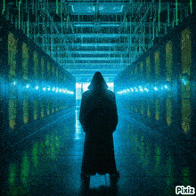 a man in a hooded coat is standing in a hallway of servers with pixiz written on the bottom