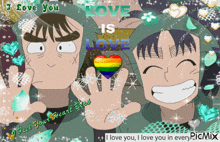 a picture of two cartoon characters with the words love is love written above them