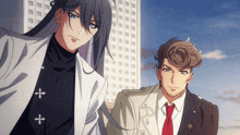 two anime characters are standing next to each other with one wearing a white jacket with a cross on it